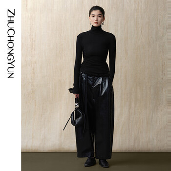 Zhuchongyun new winter style simple high collar drawstring silk wool blend black slim long-sleeved top black s