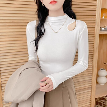 Gentle and soft hollow half turtleneck bottoming shirt for women 2025 new spring, autumn and winter, western style thickened inner with careful machine thread long-sleeved t white l