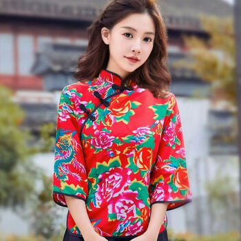Ning xinyan northeast big flower cloth clothes village girl duo costumes funny sisters costume square dance yangko costume suit new red big flower single top xl (recommended 110-120 pounds)