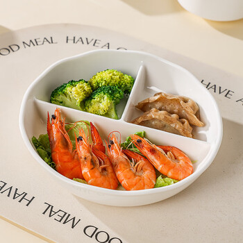 Porcelain excellent household fat-reducing meal plate separated ceramic 211 plate breakfast tableware for one person food quantity children's divided deep plate 8-inch lace three-compartment deep plate - white porcelain