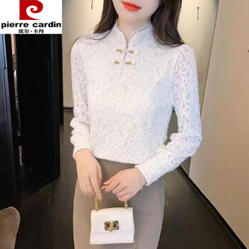 Pierre cardin lace bottoming shirt for women 2025 spring new style plus velvet and thickened lace beaded disc buckle western style inner top white - lining not see through thin section m recommended 90-100 pounds