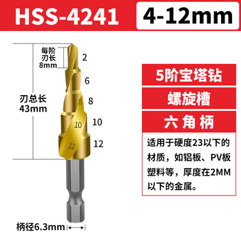 Dane tools pagoda drill bit hole opener high-speed steel punching steel hole expansion conical metal stainless steel special ladder tower type 4241 spiral 4-12mm 5-step hexagonal handle
