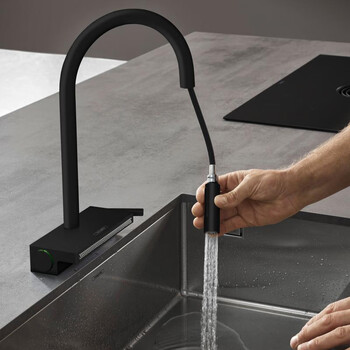 Hansgrohe daddy's home german hansgrohe kitchen faucet m81 pull-out with drain basket 73837000 73831670 curved black with sbox-