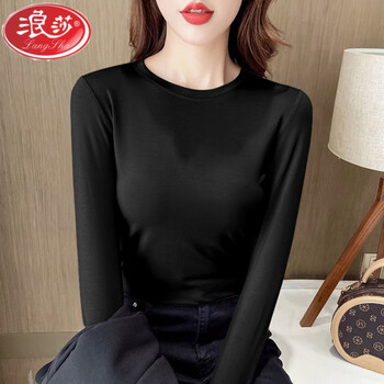 Langsha modal long sleeve round neck bottoming shirt t-shirt for women 2024 autumn new solid color thin section slim and versatile top clothes black 3xl 130-145 jin