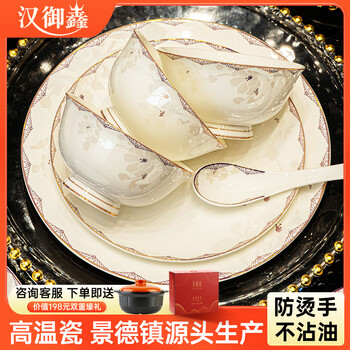 Hanyuxin high-looking jingdezhen bowls, plates and tableware set for home new chinese style ceramic dishes and chopsticks set housewarming gift practical version 10 people food | gift box 66 pieces