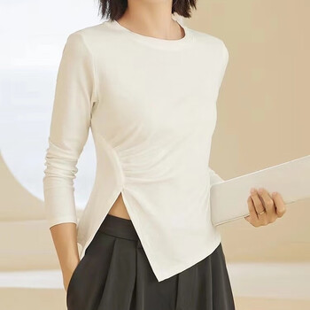 Yu zhaolin's bottoming shirt for women in autumn and winter, slim pleated slits, versatile round neck, long sleeves, irregular solid color inner t-shirt