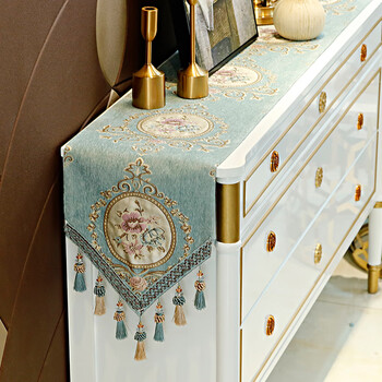 Ban sheng european-style table flag, light luxury, high-end tv cabinet tablecloth, sideboard cover cloth, coffee table, dining table, long tablecloth, bedside mat, qingge-blue table flag 32*220cm