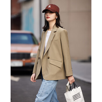 Demana lapel small suit spring top arc hem loose suit jacket women khaki l