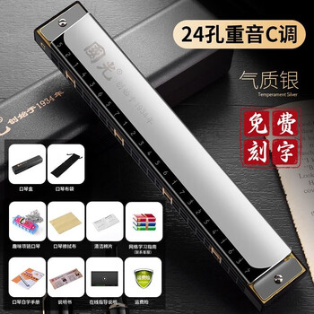 Guoguang harmonica professional performance level accented german imported gongs polyphonic c key for beginners entry-level adult self-study 24 holes c key accented silver + full set of gifts