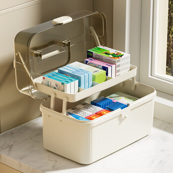 Yu dingfu household emergency medicine box multi-functional medicine storage box small medicine box multi-layer baby medical storage box striped medicine box large (milk white + transparent gray)