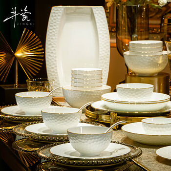 Jingci jingdezhen light luxury bone china tableware set chopsticks dishes bowls high-end hotel housewarming wedding gift jinsi yuma丨6 people meal丨52-piece set