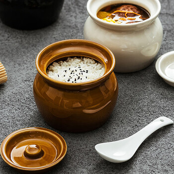 Small stew pot, old-fashioned crock pot, soup jar, household soup, bird's nest, ceramic pot, steaming cup, water-proof stew pot with lid, steamed egg, crock pot stew (brown) with small white spoon