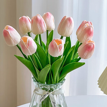 Shengshi taibao artificial flower tulips feel moisturizing artificial flowers desktop decoration pink and white tulips 10 pieces
