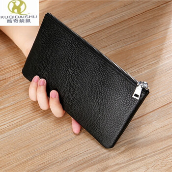 Kuqidaishu first-layer cowhide genuine leather mobile phone bag ultra-thin long large-capacity wallet men and women zipper bag simple wallet clutch bag large black