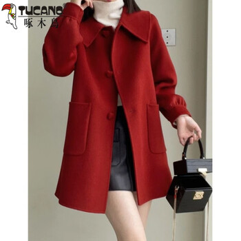 Woodpecker small woolen coat women's mid-length 2025 new doll collar fashionable temperament slim versatile woolen coat red l recommended 100-110 catties