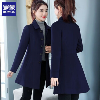 Romon woolen coat women's autumn and winter 2025 new temperament slimming medium long style small thickened woolen coat navy blue cotton xl recommended 115-125 jin