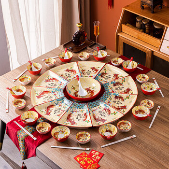 Baiyada new year's eve dinner round table fan-shaped plate dish plate household red ceramic reunion platter tableware combination bowl and dish set more than every year diamond plate 6 plates