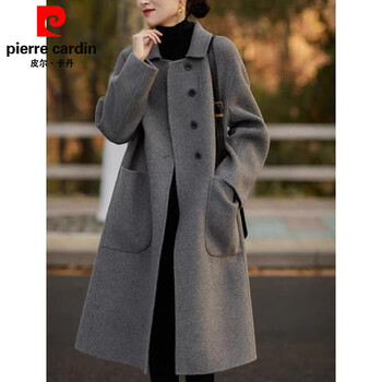 Pierre cardin wool coat for women 2025 autumn and winter new large d size loose slim versatile mid-length woolen coat for women gray cotton thickened l recommended 115-130 pounds