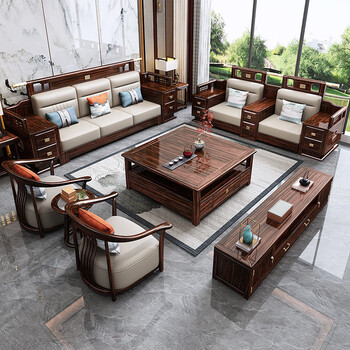 Congyou solid wood sofa ebony wood new chinese style sofa living room 2025 new storage size corner furniture 2+middle box+3+coffee table+square table+around chair three-piece set