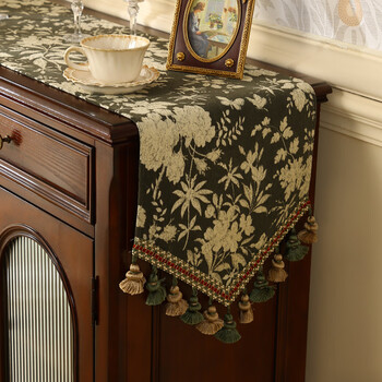 Tv cabinet cover high-end american retro table flag french-style coffee table flag mid-century style drawer cabinet table cloth long dark green 35*220