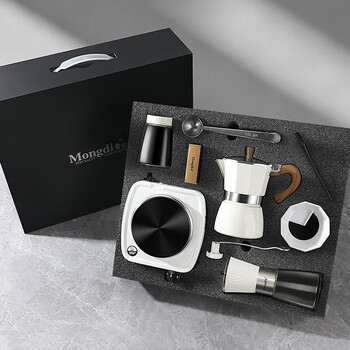 Mongdio moka pot set gift box birthday gift for girls and men practical business accompanying gifts for housewarming and new marriage 10-piece moka pot gift box set-white single valve