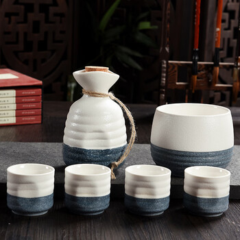 Huanjin ceramics japanese white yellow wine warmer household wine warmer warmer heated wine warmer sake kettle half a category set blue snow glaze warmer wine kettle with four cups