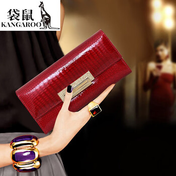 Kangaroo internet celebrity new style shiny leather long wallet with diamond lock buckle large capacity multi-compartment banknote holder to hold mobile phone crocodile pattern red - made of genuine leather high-end gift box bag