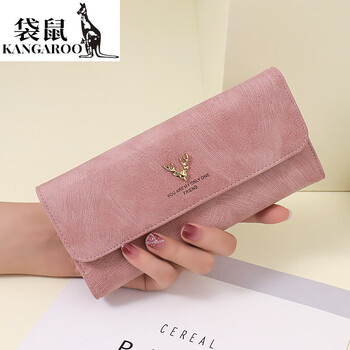 Kangaroo (kangaroo) wallet women's long style internet celebrity new niche design deer head frosted long wallet multifunctional large capacity mobile phone bag pink