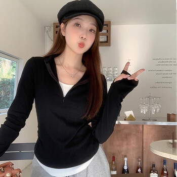 Jian qingyi v-neck black bottoming shirt for women in autumn and winter, which can be worn inside and outside, western-style, small, high-end, long-sleeved t-shirt slim fit top, fake two-piece v-neck half-zip bottoming shirt, black and white l, recommended under 115 pounds