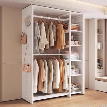 Coat rack perforated board floor-standing bedroom home combination hanging clothes artifact cloakroom storage rack metal wardrobe combined front curtain 240*45*200cm pure white--2 side perforated boards