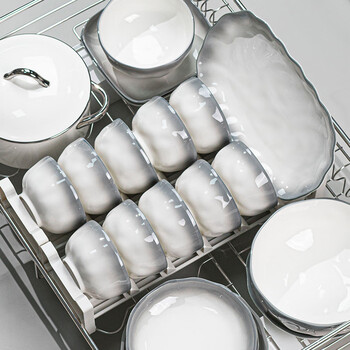 Aguduo bowl and dish set household jingdezhen high-looking ceramic bowl and plate complete set of bowls, chopsticks and plates housewarming tableware set nebula gradient gray 12-person meal (with casserole) 61-piece set