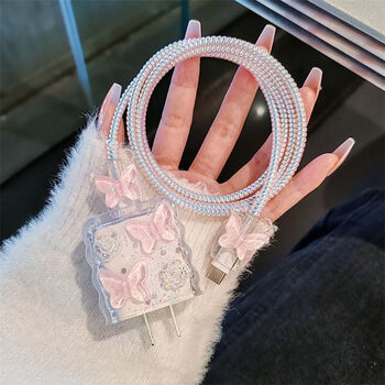 Aibido apple suitable for 20w mobile phone data cable protective case suitable for iphone14 charger case 13ipad12 soft 16 head protection + both ends protection + line protection flower pink butterfly