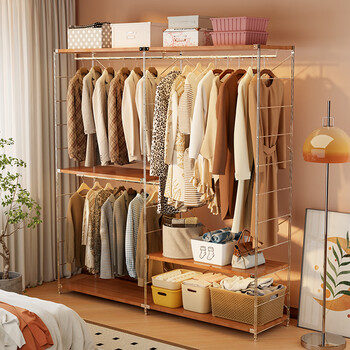 Smart father japanese-style floor-standing clothes rack for household open simple coat rack, bedroom wardrobe assembly, clothes storage rack, medieval style - yellow wood color - long clothes style (sent out on the same day) length 100*width 41*height 190cm (delivered to your door)