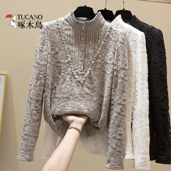Woodpecker bottoming shirt women's lace shirt women's 2025 autumn and winter women's half-turtle collar lace plus velvet thickened top women's gray l
