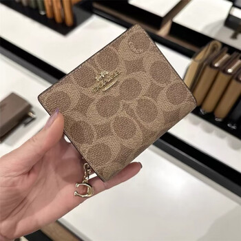 Coach wallet women's wallet snap zipper coin wallet genuine leather half-fold card holder carriage c buckle brown and light brown new cw789