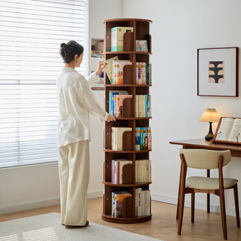 Little mud monkey solid wood rotating bookshelf vertical floor standing 360 rotating bookcase living room storage rack integrated wall storage cabinet full solid wood six layers walnut color - chassis 50cm