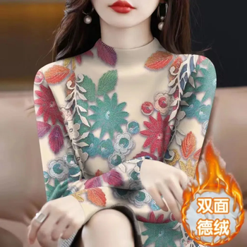 Mengrui jiade velvet half-high collar bottoming shirt for women 2025 autumn and winter new style western print middle-aged and elderly slim-fitting inner shirt top 3 apricot red velvet half-high collar) xl recommendation 110-125