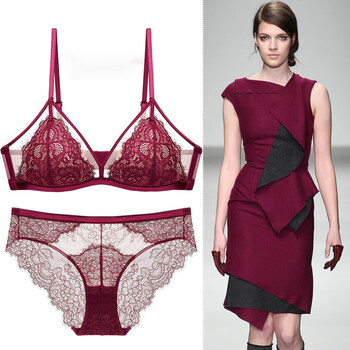 Victoria palace wireless bra new french thin cotton bra set sexy lace triangle cup bra thin underwear burgundy m