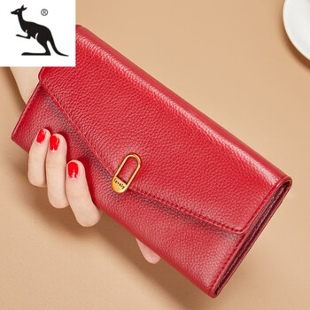 Kuqi kangaroo pure leather yellow wallet women's long 2025 new genuine leather zipper for mobile phone large capacity wallet thin burgundy (first layer cowhide anti-theft brush)
