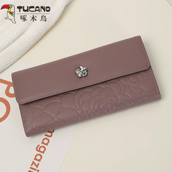 Woodpecker (tucano) camellia genuine leather long hand wallet for women 2025 new soft cowhide large capacity wallet for mobile phone clutch taro purple