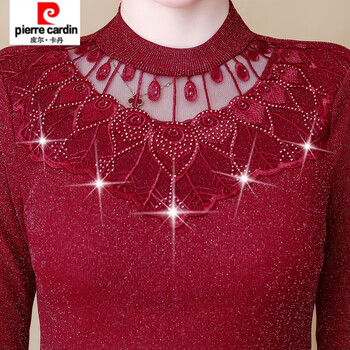 Pierre cardin velvet/thin bottoming shirt women's long-sleeved autumn and winter new t-shirt women's warm lace top mesh shirt burgundy thin 2xl recommended 121-130 pounds