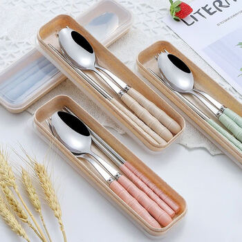 Xin cong chopsticks and spoon set one person portable tableware three-piece set stainless steel fork single student cute storage box blue 2-piece set