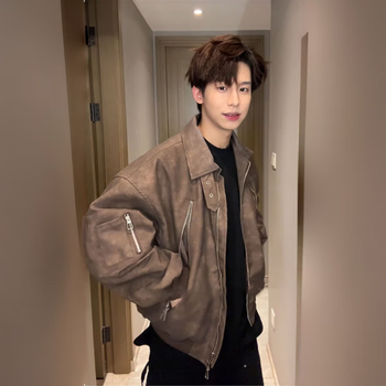 Yiran presents maillard brown pu leather motorcycle jacket for men spring and autumn new american vintage pilot uniform jacket for men brown m recommended 105-120 catties