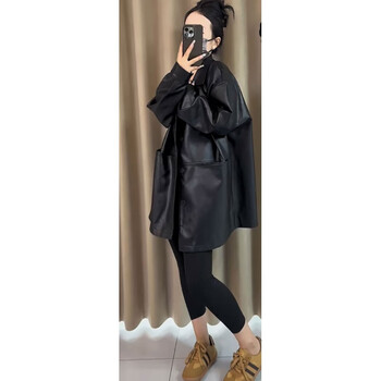 Nyig sense polo collar black leather jacket for women spring and autumn 2025 fashion handsome long-sleeved jacket mid-length top versatile black leather jacket s 80-95