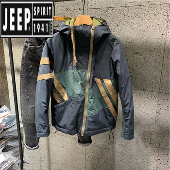 Jeep winter new hong kong fashion brand diagonal zipper hooded cotton jacket for men, loose and versatile, contrasting color thickening jacket, navy blue xl, recommended 125-140 pounds