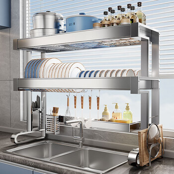 Jumeishi 304 stainless steel kitchen sink rack dish storage rack above the sink multifunctional dish draining rack 304 stainless steel double layer 86cm drain set