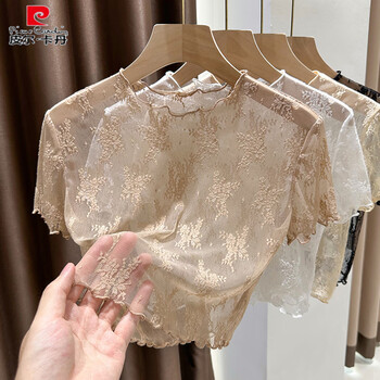 Pierre cardin lace bottoming shirt mesh summer hollow short-sleeved round neck fungus short suspender skirt with t-shirt top khaki one size