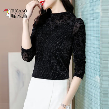 Woodpecker half-high collar mesh bright silk bottoming shirt women's lace top spring and autumn 2025 new spring fashionable shirt black xl