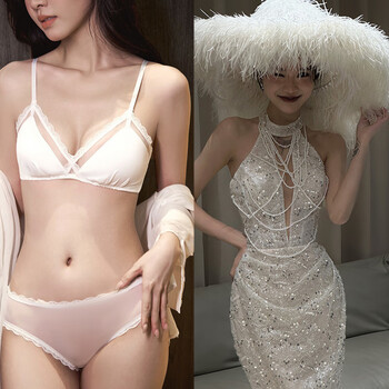 Victoria palace sexy french bra pure desire triangular cup wireless bra glossy lace small breast push up underwear set white s