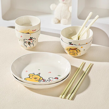 Persson bowls and plates with high appearance and cute style, line dog rice bowl, couple's tableware, ceramic bowl, underglaze color household dishes set, line dog 2-person food set, 8 pieces